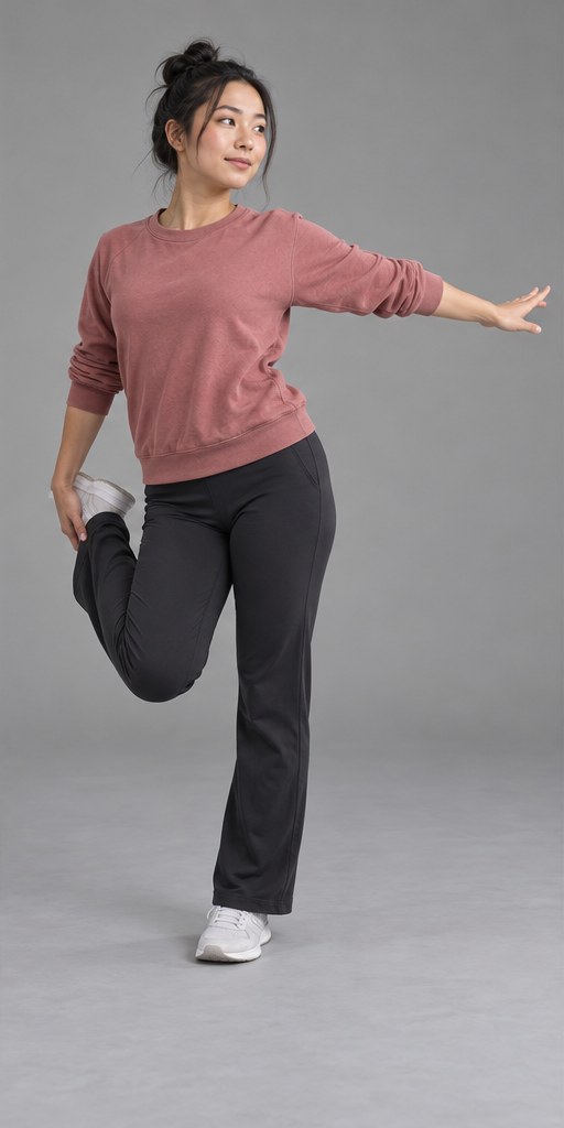 Person balancing on one foot while holding the other foot and extending an arm